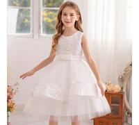 Robe de fête de Noël blanche à nœud et paillettes, robe en tulle de princesse convenant pour un anniversaire, un gala du soir, une demoiselle d'honneur, une célébration des fêtes 6Y,7Y,8Y,4Y,5YUnicolo