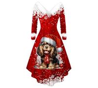 Robe de fête de Noël élégante à manches longues et col en V avec imprimé intégral élégant et ourlet irrégulier, robe longue décontractée pour les vacances, les fêtes, les soirées, les événements