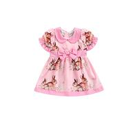 Robe de fête de Pâques pour filles avec imprimé lapin de Pâques, col Peter Pan, manches courtes, robe de princesse pour filles, A - Rose, 2-3 ans