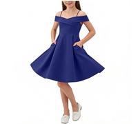 Robe de fête élégante à épaules dénudées pour filles, robe de princesse trapèze décontractée, robe patineuse à épaules dénudées, robe midi avec poches pour concours de beauté, baptême 6 à 14 ans, A45
