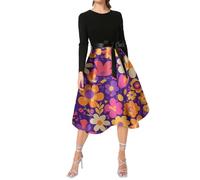 Robe de Fête Femme Adulte Esprit Carnaval Déguisement Manches Longues Col Rond Tenue de Soirée Originale Zip Pratique Imprimé Coloré Vêtement Festif(Purple, M)