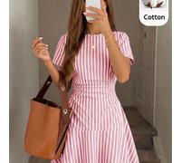 Robe de fête mini élégante pour adolescente, printemps/été, nouvelle, tissée à rayures, col rond, taille cintrée, robe de vacances, robe rayée, robe d'été élégante, robe rayée rose et blanche, robe de