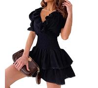 Robe de fête Mini robe d'été avec col en V pour femme Robe courte à taille haute et manches courtes avec volants pour cocktail Voyage Vêtements Dress avec deux couches d'ourlet - Noir - Large