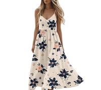 Robe de fête pour femme - Robe de plage fluide sans manches avec col en V - Robe longue évasée pour fête, vacances, plage, soirée, vacances, Sky Blue-3., M
