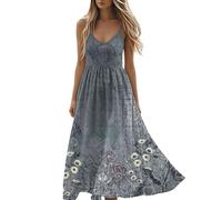 Robe de fête pour femme - Robe de plage fluide sans manches avec col en V - Robe longue évasée pour fête, vacances, plage, soirée, vacances, Gris 6., L