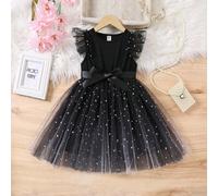 Robe de fête pour jeune fille avec superposition de tulle étoilé 6Y,7Y,4Y,5YGéométrique,Ombré,Tout Imprimé,Motif texturéÉtoffe
