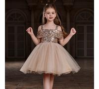 Robe de fête pour préadolescentes avec épaules dénudées, jupe en tulle et maille - Tissu pailleté ajusté pour occasions spéciales 8Y,9Y,10Y,11Y,12YBlocs de couleur,Unicolore,Tout ImpriméSequins