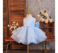 Robe de fête, Robe de demoiselle d'honneur, Robe de bal, Nœud après bénédiction, Robe de princesse pour bébé fille, Robe à double couche de tulle à l'ourlet, Robe en tulle bleu, Perle blanche, Robe bo