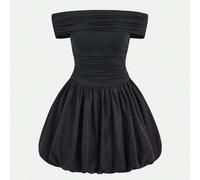 Robe de fille jeune, élégante et décontractée, de haute qualité, streetwear, de couleur unie, épaules dénudées, manches bouffantes, coupe près du corps évasée. Noire. Convient pour la rentrée scolaire