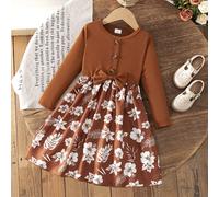 Robe de fille mode décontractée en maille rayée avec faux cardigan, décoration de boutons, manches longues, col rond, nœud, imprimé floral, ourlet évasé. Convient pour le quotidien, la maison, l'extér