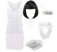 Robe de Flapper Deluxe Blanche - Medium - Costume de Flapper Blanc de Luxe pour Femme avec Bandeau à Paillettes assorti, Collier de Perles Argentées, Boa de Plumes, Perruque Bob - Robe de Fête des