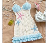 Robe de glissement en tricot à volants doubles contrastés, décor d'étoile de mer, ourlet évidé, convient pour les vacances, les rendez-vous, le thé de l'après-midi, la plage, la croisière L,M,S,XL,XSA