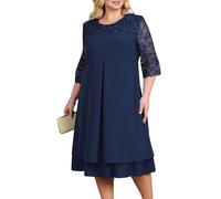 Robe de la Mère de la Mariée Grande Taille Midi Robe Soiree en Mousseline | Col Rond, Manches 3/4 en Dentelle Florale, Robe Invitée Mariage pour Cocktail Cérémonie et Mariage