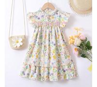 Robe de lapin imprimée avec de l'herbe et des fleurs, mignonne pour les jeunes filles, pour l'été, les vacances, les voyages 6Y,7Y,4Y,5YFloralTissu tissé