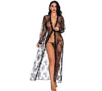 Robe de Lingerie Sexy pour Femmes Voir à Travers des Vêtements de Nuit Longue en Dentelle Déshabillé Nuisette Transparente Kimono Sexy, Noir, XXL