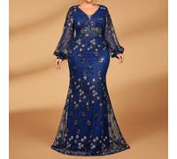 Robe de luxe à manches lanternes, col en V, ornée de perles et de broderies, avec une jupe sirène à ourlet de luxe pailleté. Coloris bleu marine élégant et romantique. Convient pour les soirées, les v