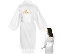 Robe de Mariage de Mariée Bride avec Bordure en Dentelle Robe Blanche en Satin Brodée Kimono de Grande Taille Femmes (XXL)