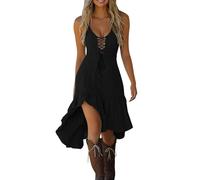 Robe de mariage décontractée pour femme avec col en V, lacets et détails de la cravate, ourlet asymétrique et fluide, vêtement quotidien confortable pour la maison, robe à paillettes, noire, Noir