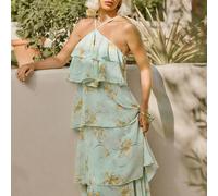 Robe de mariée à encolure ras-du-cou, volants à étages, en mousseline de soie à fleurs, dos ouvert, pour invités de mariage, vacances, escapade romantique L,M,S,XSImprimés aléatoiresMousseline