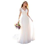 Robe de mariée, à manches longues, en dentelle et mousseline de soie, col en V, style boho, Ivoire, 48