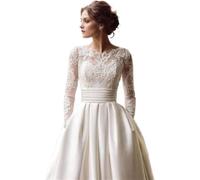 Robe de mariée à Manches Longues en Satin avec traîne et Appliques en Dentelle Blanche/Ivoire, Blanc, 46