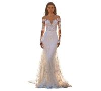 Robe de mariée asymétrique en Dentelle Transparente à Manches Longues et appliquée, Coupe ajustée, Queue Poisson