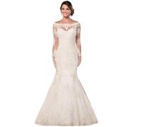Robe de mariée asymétrique en Dentelle Transparente, Manches Longues, Coupe ajustée, Queue Poisson, Longueur au Sol