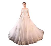 Robe de mariée asymétrique épaule dénudée, Manches Courtes, appliqué en Dentelle, Queue Moelleuse