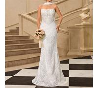 Robe de mariée blanche élégante avec une coupe sirène faite d'un tissu floral infusé de perles, parfaite pour les mariages, les fêtes d'anniversaire et plus encore. L,M,S,XLPlantesTissu tissé