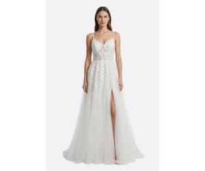 Robe de mariée blanche en tulle brodé à fente frontale