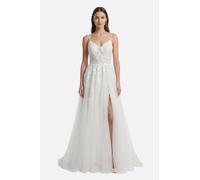 Robe de mariée blanche en tulle brodé à fente frontale - L