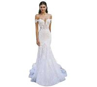 Robe de mariée Coupe ajustée en Queue Poisson, épaules dénudées, Manches Courtes, col V, appliqué Dentelle