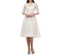 Robe de mariée courte en dentelle pour femme - Robe de plage - Robe de soirée - Robe de bal à manches longues, Blanc., 46