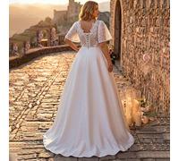 Robe de mariée de style palais élégante et romantique, manches longues transparentes, col rond, décoration luxueuse de perles et de strass, coupe évasée, pour grandes tailles 0XL,1XL,2XL,3XL,4XL,5XLUn