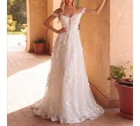 Robe de mariée élégante aux épaules dénudées avec appliqués floraux, robe longue jusqu'aux pieds - Robe de mariée gracieuse, idéale pour le banquet de mariage, le mariage de rêve dans un jardin et la 