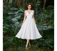 Robe de mariée élégante en polyester mousseline de soie mi-longue avec une coupe évasée fluide, parfaite pour les mariages en extérieur, les expositions d'art, les festivals d'été et les événements fo