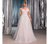 Robe de mariée élégante et luxueuse de grande taille, à l'épaule dénudée, avec un patchwork en maille brodée exquis et une applique à la taille en forme de ligne A Petite 4XL,Petite 3XL,Petite 2XL,Pet