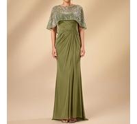 Robe de mariée élégante et luxueuse pour femme, verte, avec perles et broderies, en maille élastique et tulle, froncée, patchwork, col rond, manches courtes, coupe sirène ajustée, convient pour divers