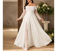 Robe de mariée élégante, luxueuse et romantique pour grande taille. Avec un mélange de dentelle élastique blanche, épaules dénudées, manches transparentes en dentelle, col drapé plissé et ourlet en fo