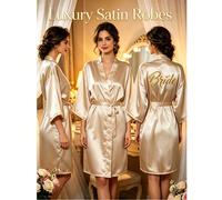 Robe de mariée en satin brillant champagne, pyjama kimono à manches 3/4 avec broderie de lettres en paillettes dorées et fermeture à nouer, tenue d'intérieur respirante pour l'été, convient pour la ma