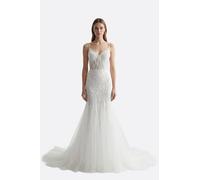 Robe de mariée longue blanche Marla en dentelle et tulle à fines bretelles - M