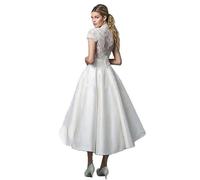 Robe de mariée mi-Longue en Satin à Manches Courtes et col V avec Poches