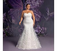 Robe de mariée Plus Luxe sans bretelles en forme de cœur sirène avec superposition de tulle - Broderie florale complexe et fleurs 3D sur le buste ajusté, jupe évasée en tulle, réceptions de soirée éth