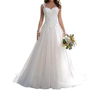 Robe de mariée pour femme - Robe de mariée longue - Robe de mariée - Tulle - Col en cœur avec bretelles, Blanc., 50
