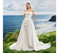 Robe de mariée sirène blanche élégante en satin brillant à épaules dégagées, convenant aux mariées, aux fiançailles, avec traîne, pour le printemps L,M,S,XL,XSTissu tissé