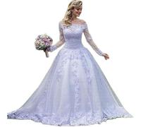 Robe de mariée Transparente, asymétrique épaule dénudée, col Rond, Manches Longues, Dentelle Florale tridimensionnelle, Ligne a, Grande Queue