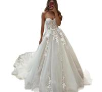 Robe de mariée trapèze sans Bretelles avec décolleté en cœur et Application Dentelle à Fleurs tridimensionnelles Large Ourlet Queue