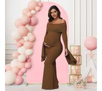 Robe de maternité à épaules dénudées de couleur unie à manches longues, convenant pour une séance photo de baby shower au printemps L,M,S,XLTissu tricoté