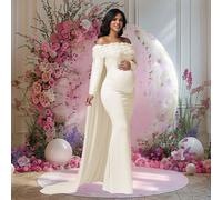 Robe de maternité à fleurs avec épaules dénudées, convenant pour une baby shower. Robe longue style cape à manches longues en maille, pouvant être utilisée comme accessoire photo de printemps L,M,S,XL