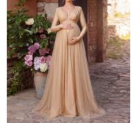 Robe de maternité de luxe - Col en V profond, manches longues & tulle coupe A - Parfaite pour les baby showers, les événements formels & les séances photo de maternité L,M,S,XL,XXLUnicoloreTissu trico